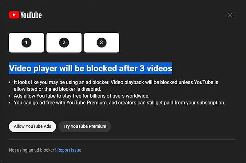 Youtube warning to users who are using ad blockers